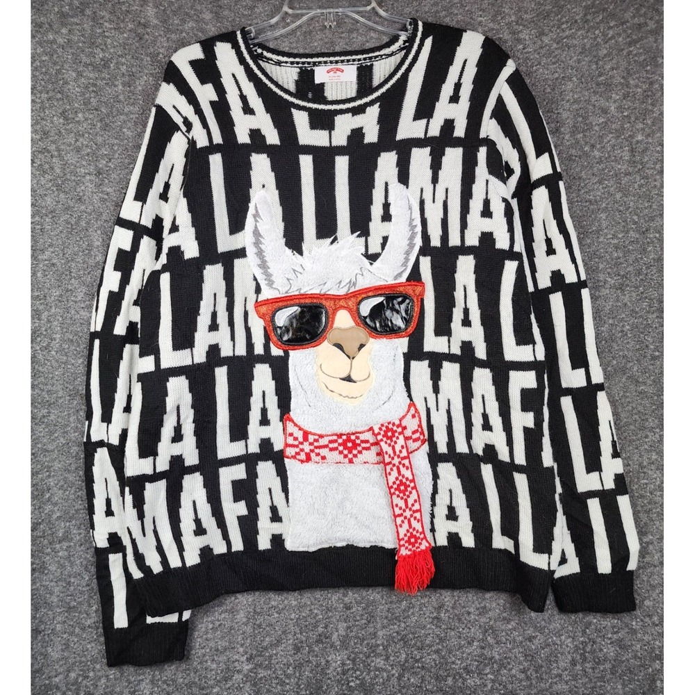 Holiday Time Ugly Christmas Sweater Mens XL Black White Fa La La Llama Graphic